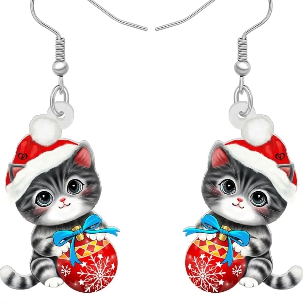 Festive Cat Earrings - Red and Gray